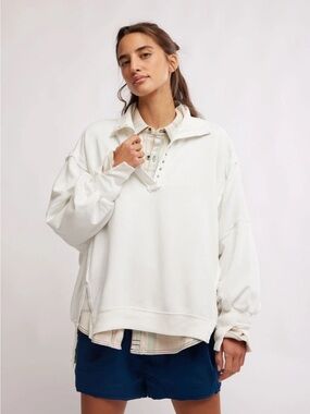 Free People Camden Henley - Optic White Oversized Sweater Collared Bohemian